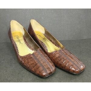 J. Renee Gustine Brown Croc Embossed Heels Size 7N Gold Trim Square Toe EUC